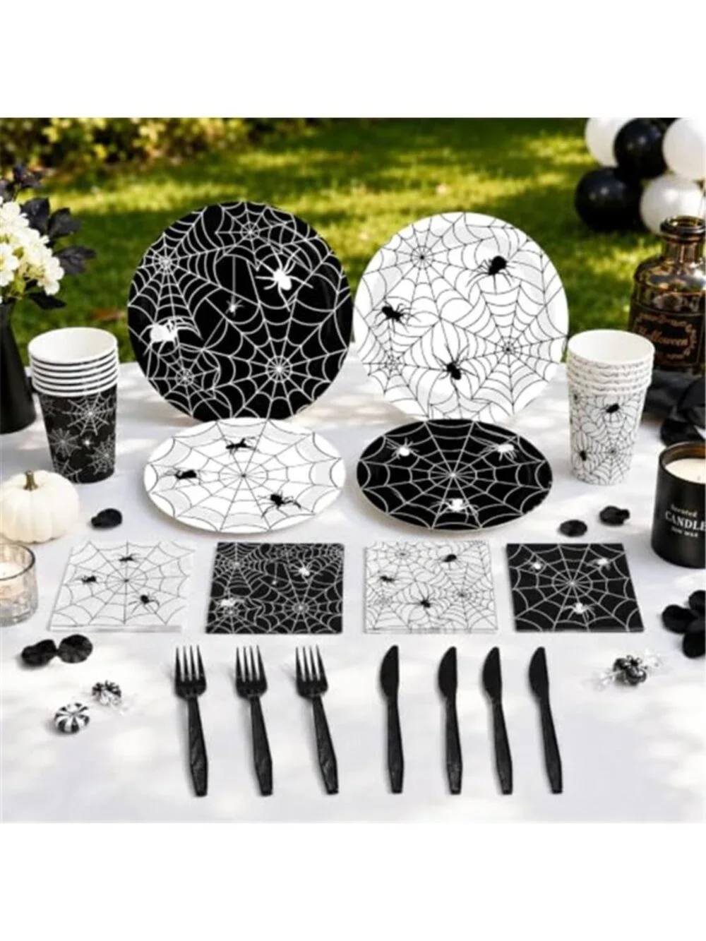 144 Pcs Halloween Plates and Napkins Set, Spider Web Tableware, Serves 24